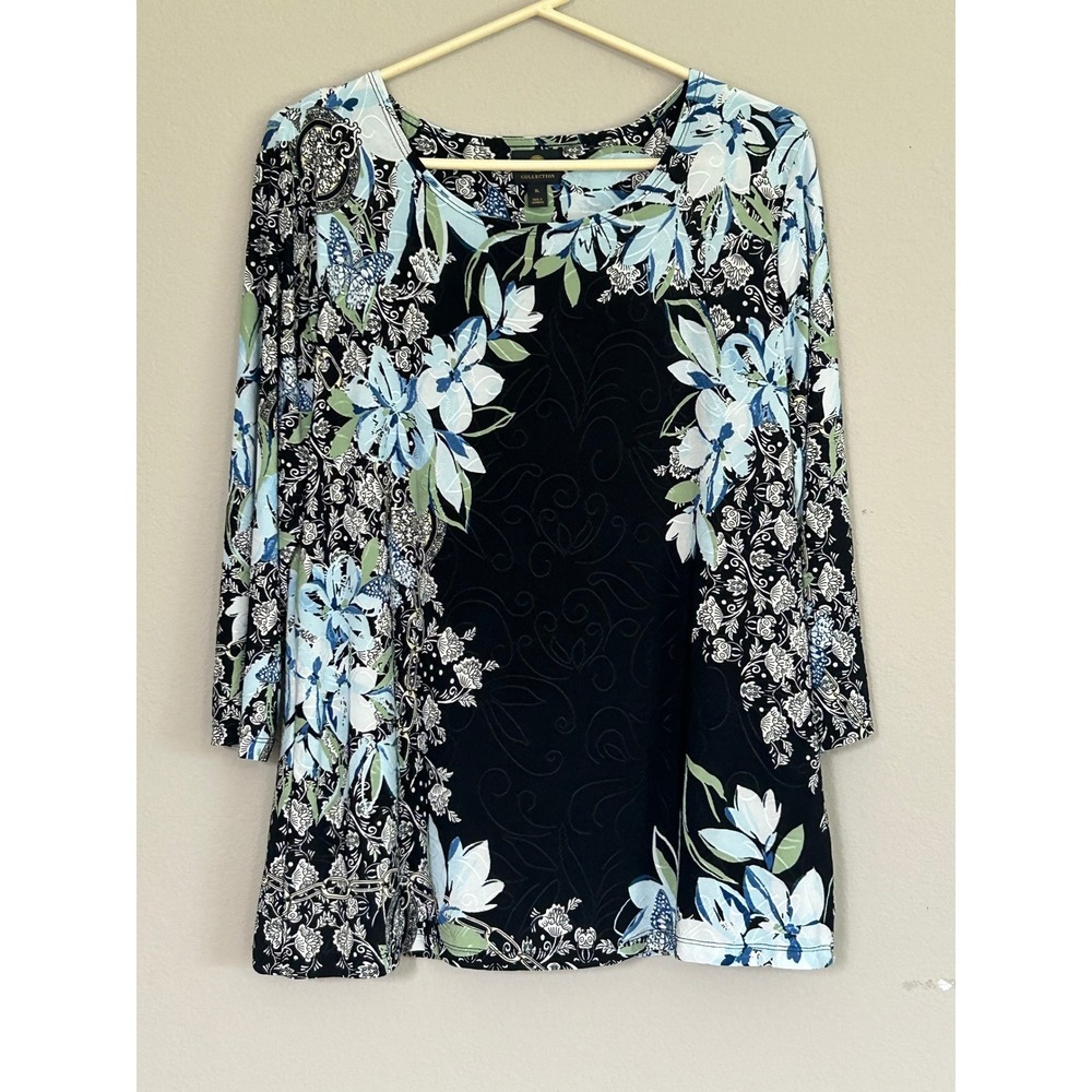 JM Collection Womens XL Black Blue Floral Butterfly 3/4 Sleeve Scoop Neck Top
